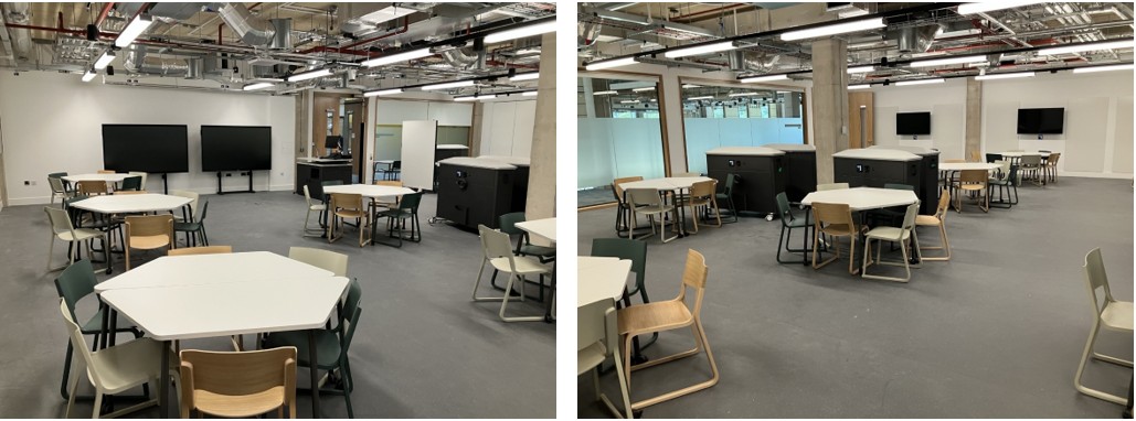 Classroom with tables and chairs set up for active learning.